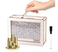 Wooden Money Box with Savings Target and Marker Pens, Reusable Money Box for Children and Adults, Includes Target Amount of 10,000 €, Numbers for Ticking, Retro Money Box for Effective Saving!