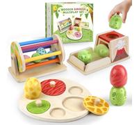 Wooden Montessori Baby Dinosaur Egg Toy Set for 12+ Months, Spinning Drum, Object Permanence Box Ball Drop, Dino Egg Stacking and Matching Puzzle Game, Early Learning Gift for Toddlers 123 (Nature)