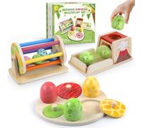 Wooden Montessori Baby Dinosaur Egg Toy Set for 6+ Months, Spinning Drum, Object Permanence Box Ball Drop, Dino Egg Stacking and Matching Puzzle Game, Early Learning Gift for Toddlers 123 Years Old