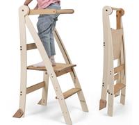 Wooden Montessori Learning Tower Space-Saving: Foldable Learning Tower, Stool for Children, Foldable Kids' Step Stool, Learning Tower with 2-Level Height Adjustable & Anti-Tip Protection