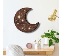 Wooden Moon Wall Art Decor, Boho Wooden Moon Phase Stars LED Lamp Wall Hanging Decor Sign, Wood Carving LED Night Light Wall Sculptures, 3D Home Wall Art Decoration for Kids Bedroom Living Room (A)