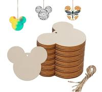Wooden Mouse Head 30 Pcs Unfinished Wooden Gift Ornaments, DIY Craft Birthday Present-Paintable Blank Natural Mouse Head with Hemp Rope for Kids Art Crafts DIY Gift Party Supplies-4inch