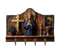 Wooden Multifunctional Home Key Holder, 2D Jesus Communion Wall Art Keychain Holder with 4 Hooks, Christian Christmas Wall Mounted, Religious Welcome Sign Decor for Entryway (A)