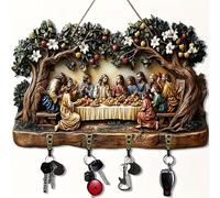 Wooden Multifunctional Home Key Ring Holders, 2D Jesus Communion Wall Art Keychain Holder with 4 Hooks, for Entryway, Kitchen & Living Room, Perfect Housewarming Gift (B)