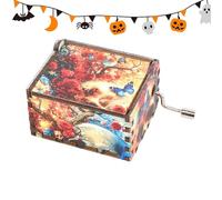Wooden Music Hand Crank - Engraved Vintage Musical Box, Halloween Melody | Exquisite Holiday Decor, Christmas Birthday Home Ornament, Seasonal Tabletop Display, Spooky Halloween Accent, Classic