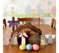 Wooden Nativity Figurines, 9pcs Wooden Easter Resurrection Scene Cross Jesus Tomb Tray Set, Nativity Figures Collection, Holiday Ornament with Detailed Carvings for Family Church