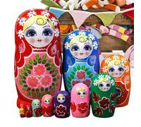 Wooden Nesting Dolls - Ten Piece Cartoon Handcrafted Set, Traditional Stackable Figurines, Painted Wood Craft, Classic Folk Toy | Skill Building Playset for Education Learning Entertainment Boys Girls