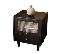 Wooden Nightstand Bedside Table with 2 Storage Drawers, Rattan Door and Glass Door, Ideal for Bedroom