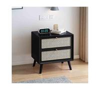 Wooden Nightstand Rattan Side Table Solid Wood Structure Sturdy & Stable Bedroom Furniture with Ample Storage Space Black Finish 43x40cm (16.9x15.7in)