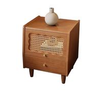 Wooden Nightstand with 2 Storage Drawers, Bedside Table, Rattan and Glass Door Side Cabinet for Bedroom