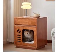 Wooden Nightstand with Cat House, Small Cat Bedside Table with Drawers | Side-Opening Door Storage Cabinet, Vertical Side Table for Bedroom, Living Room, Balconie