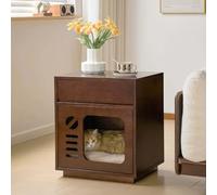 Wooden Nightstand with Cat House, Small Cat Bedside Table with Drawers | Side-Opening Door Storage Cabinet, Vertical Side Table for Bedroom, Living Room, Balconie