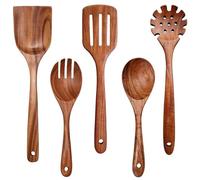 Wooden Non-Stick Kitchen Pan Toolset 5 Pieces Set,100% Natural Teak Kitchen Utensils Spatula, Wooden Cooking Utensils Spoons, Fried Spatula and Salad Fork, Pasta Spoon, Wooden Spoon Set