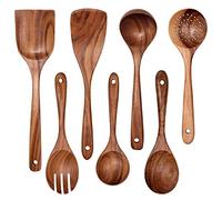 Wooden Non-Stick Kitchen Pan Toolset 7 Pieces Set,100% Natural Teak Kitchen Utensils Spatula, Wooden Cooking Utensils Spoons, Fried Spatula and Salad Fork