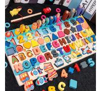 Wooden Number Alphabet Puzzles Sorting Counting Shape Sorter Learning Fishing Game Toys for Age 3 4 5 6 Year Olds Kids, Preschool Education Math Stacking Blocks Learning 7 in1