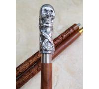 Wooden Octopus & Skull Head Engraved Hand carved Cane - Premium Wood Carved Walking Stick With Ergonomic Palm Grip Handle 36" Brown Handmade Elegant Carved Walking Stick For Men Women