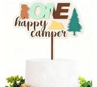 Wooden One Happy Camper Birthday Cake Topper,Bear Woodland Tent Themed Birthday Decorations for Camping Themed 1st Baby Shower Anniversary Photo Booth Props