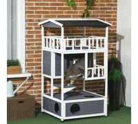 Wooden Outdoor Cat House 3-Tier Kitten Shelter Lodge w/ Terrace Jump Step PawHut Grey One Size
