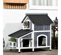 PawHut Wooden Cat House Outdoor with Flower Pot, 2 Tiers Cat Shelter with Window, Multiple Entrances, Water-resistant Roof, Grey