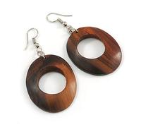Wooden Oval Drop Earrings - 60mm Long - Mixed Brown Tones Boho Style