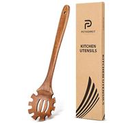 Wooden Pasta Spaghetti Spoon with Teeth, Teak Slotted Pasta Spaghetti Strainer Spoon for Cooking Serving Collecting, Wooden Pasta Fork Server Utensil with Claws, Wood Noodle Strainer,12.8″, Brown