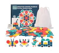 Wooden Pattern Blocks Set,180 Pcs Tangram Shape Puzzle Geometric Manipulative Shape Puzzle Colorful Wooden Puzzle Blocks with 24 Pcs Design Cards Classic Early Educational Tangram Toys for Kids