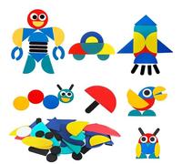 Wooden Pattern Blocks Tangram Shape Puzzle Set Color Sorting Stacking Game for Toddlers, Wood Animal Jigsaw Development Toys Preschool Education Activity Travel Toy Board Games for Kids 3-7 Yrs