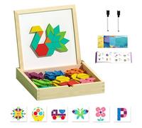 Wooden Patterned Magnetic Building Block Set - 180-Piece Tangram Puzzle Learning Toy With Cards | Educational STEM Gift For Boys & Girls Aged 4, 5, 6, 7, 8 Years Old | Geometric Shape Puzzl
