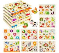 Wooden Peg Puzzle for 2+ year olds, 8Pcs Baby Peg Puzzles 1+, Learning Puzzles Set- Dinosaur, Farm, Sea, Animals, Fruits, Shape, Vegetable, Insect Great Preschool Gifts for Girls Boys