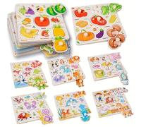 Wooden Peg Puzzle for Toddler, 8Pcs Montessori Educational Learning Puzzles Set- Animals, Dinosaur, Fruits, Vegetable, Insect Great Preschool Gifts for Girls and Boys