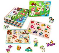 Wooden Peg Puzzles 6 Pcs Montessori Jigsaw Puzzle Board for Toddlers Farm Animals Ocean Traffic Shape Learning Early Educational Puzzles Toy Set Great Gift for 2 3 4 5 6 Years Old Boys Girls (Classic)