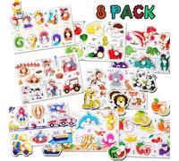 Wooden Peg Puzzles for Toddlers 1-3, Kids' Educational Preschool Peg Puzzle Toy, Toddler Puzzles -Animal, Traffic,Number, Dinosaur, Vegetable and Fruit, Gift for Ages 1 2 3 Boys and Girls (4Pack)
