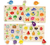 Wooden Peg Puzzles for Toddlers, 4 PCS Toddler Puzzles Set-Fruits, Sea Animals, Home Appliances, Vegetables, Baby Puzzle Montessori Toys for 3 4 5 Years Boys Girls, Kids Preschool Learninng Toys Gift