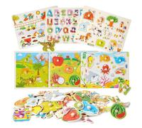 Wooden Peg Puzzles for Toddlers, 6 Pack Wooden Jigsaw Set with Knobs | Alphabet, Vehicles, Ocean, Dinosaur, Fruits and Farm, Preschool Educational Learning Gift Toys for Boys Girls