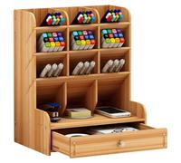 Wooden Pencil Storage Box with Multi Divided Compartments for Desk