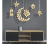 Wooden Pendant Ornament 6 Pieces Ramadan Kareem Decoration, Crescent Moon Stars Light Shape Ramadan Eid Mubarak Decorations