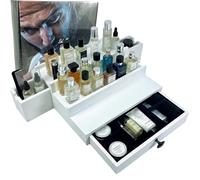 Wooden Perfume Organizer for Men 3 Tier White | High Grade Velvet Lining and Stylish Gift Box | Extendable Side Compartment | Cologne Holder | Fragrance Display Stand | Men's Room Essential | SELUM