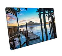 Wooden Pier Over Water Volcano On The Horizon Lake Atitlán Guatemala At Sunrise Wall Art Print On Canvas Picture For Home Office Decor 91x61cm (36x24In)