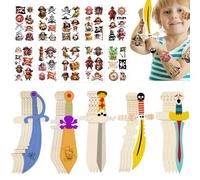 Wooden Pirate Swords for Kids, 20pcs Pirate Colored Wooden Swords With 10 Sheets Pirate Tattoo Stickers Pirates Wooden Swords Party Bag Fillers for Halloween Carnival Birthday Party