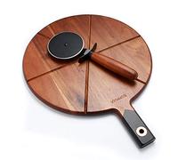 Wooden Pizza Cutting Board Set - Include Pizza Cutter Wheel - 12" Pizza Boards with 6 Grooves to Slice - Wooden Pizza Peel & Pizza Plate with Handle