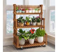Wooden Plant Stand with 3 Shelves Adjustable Height Ladder Display Shelf for Indoor/Outdoor Plants Rolling Plant Rack for Easy Mobility and Stylish Décor