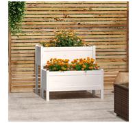 Wooden Planter White 84.5x84x75cm Solid Pinewood 2-Tier Raised Garden Bed Patio