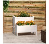 Wooden Planter White 84.5x84x75cm Solid Pinewood 2-Tier Raised Garden Bed Patio