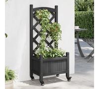 Wooden Planter with Trellis & Wheels - Black Solid Fir Wood 40x30x97.5cm Mobile