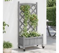 Wooden Planter with Trellis & Wheels, Grey, 55x29.5x117.5cm Solid Fir for Vines.