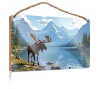 Wooden Plaques For Crafts Alpine Majesty: Moose By The Lake Wooden Sign Pool Decorations Outdoor Hanging Bathroom Sign(15X28CM)