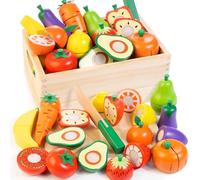 Wooden Play Food for Toddlers, Velcro Fruit and Veggies Cutting Set for Kids, Pretend Food Play Kitchen Accessories for 3 4 5 6 7 Years Old Boys & Girls