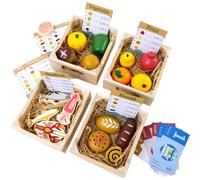 Wooden Play Food Sets for Kids Kitchen, 36 Pieces Realistic Toy Foods Bread Fruit Vegetables Seafood and 4 Crates for Toddlers Pretend Play Kitchen Grocery Store Accessories Set for Boys and Girls 3+