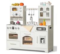 Wooden Play Kitchen for Toddlers and Kids with Lights & Sounds, Large Interactive Pretend Play Set with Ice Maker, Stove, Sink, Oven, 12 Accessories - Ages 3-8