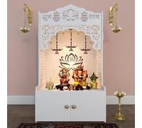 Wooden Pooja Mandir for Home with Spacious Shelf & Inbuilt Focus Light - Temple for Home Floor Rested Pooja Mandir with Doors 31" Height Medium White